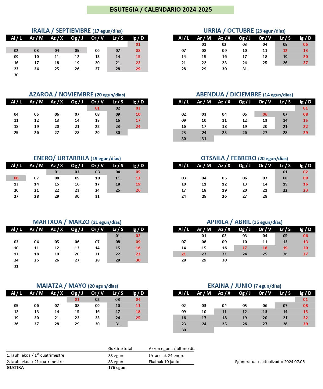 Calendario 2024-2025 Egutegia
